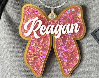 Personalized Bow Bag Tag For Dance, Cheer, Diaper Bags, Backpack, Lunch Box, Bow Ornament