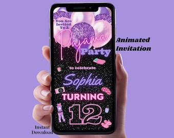 Digital Pajama Party Invitation Animated Sleepover Birthday Party Invite Editable Slumber Party Evite Pink Purple Girls PJs Spa Birthday