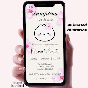 May include: A smartphone displays a baby shower invitation. The design features a cute dumpling illustration with pink floral accents and the text "A Little Dumpling Is On The Way!" The invitation includes details for Miranda Smith's baby shower.