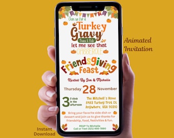 May include: Animated invitation for a Friendsgiving Feast on Thursday, November 28th at 3:00 PM. The invitation features a festive turkey and gravy design with fall colors and a handwritten font. The event is hosted by Jim and Michelle at 8483 Turkey Trot Ct, Anywhere, USA 90210. Guests are asked to bring a side dish or dessert and RSVP to Michelle at (321) 456-7890.