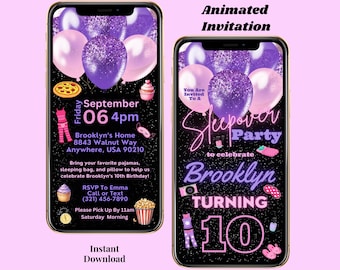 Digital Sleepover Invitation Animated Pajama Party Invite Editable Slumber Party Invitation Pink Girls Spa Birthday Party Invitation