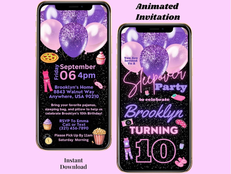 May include: Purple and pink animated invitation for a sleepover party to celebrate Brooklyn turning 10. The invitation features a black background with glitter, stars, and other party-themed graphics. The text on the invitation reads "You Are Invited To A Sleepover Party To Celebrate Brooklyn Turning 10".