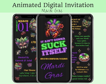 May include: A digital invitation for a Mardi Gras party. The invitation features a black background with colourful Mardi Gras masks, beads, and a crawfish. The text on the invitation reads "It ain't gonna suck itself" and "Join us for a crawfish boil to celebrate Mardi Gras".
