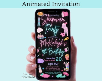 Sleepover Birthday Invitation Neon Pajama Party For Girls Evite Editable PJ Party Invite Template Electronic Slumber Party Evite Pink Aqua