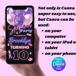 May include: A digital invitation for a sleepover party to celebrate Brooklyn turning 10. The invitation features a black background with purple and pink glitter, balloons, and other party decorations. The text "You Are Invited To A Sleepover Party to celebrate Brooklyn Turning 10" is displayed in pink and purple neon lettering.