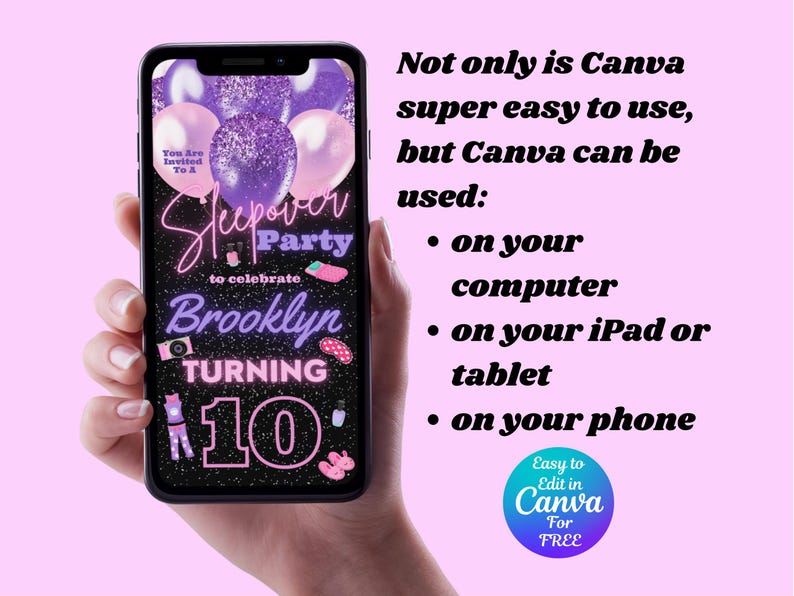 May include: A digital invitation for a sleepover party to celebrate Brooklyn turning 10. The invitation features a black background with purple and pink glitter, balloons, and other party decorations. The text "You Are Invited To A Sleepover Party to celebrate Brooklyn Turning 10" is displayed in pink and purple neon lettering.