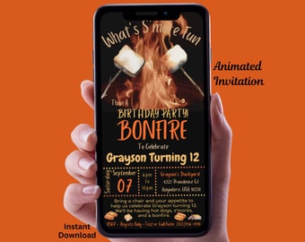 Bonfire Birthday Party Invitation Digital Birthday Party Invitation Animated Smore Fun Birthday Invitation Boy Editable Bonfire Evite
