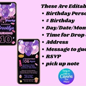 May include: Editable digital invitation for a sleepover party with purple and pink balloons, a pizza slice, and a cupcake. The text says "Sleepover Party to celebrate Brooklyn turning 10".