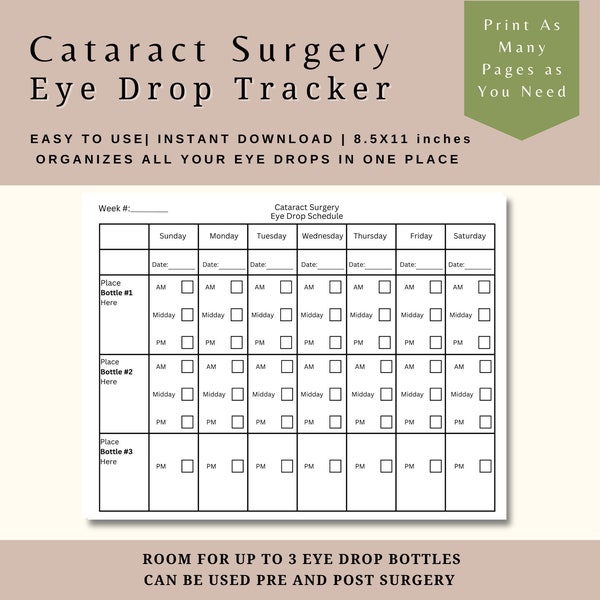 Cataract Eye Drop Schedule For Cataract Surgery Medication Tracker Eye Drop Log For Medication Chart Eyedrops Schedule