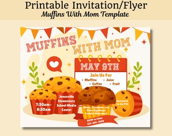 Editable Muffins With Mom Mothers Day Invitation PTA Event Flyer Fundraiser Kickoff Poster Mom Appreciation Program Printable Coffee Invite
