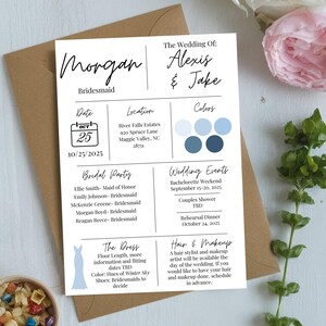 Könnte beinhalten: Eine weiße Karte mit schwarzem Text, die die Hochzeit von Alexis und Jake ankündigt. Die Karte enthält Details zum Hochzeitsdatum, zum Ort, zu den Farben, zur Hochzeitsgesellschaft, zu den Hochzeitsveranstaltungen und zu den Informationen über Haare und Make-up. Die Karte zeigt auch ein Kalendersymbol mit dem Datum 25. Oktober 2025.