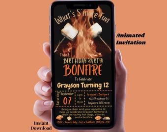 Animated Smore Fun Birthday Invitation Bonfire Birthday Party Invitation Digital Birthday Party Invitation Boy Editable Bonfire Evite
