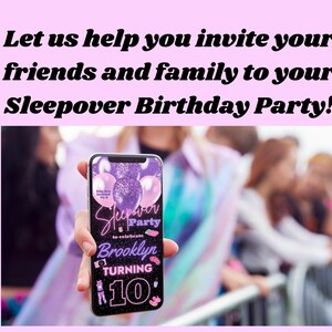 May include: A smartphone screen displaying a birthday party invitation with a purple and pink color scheme. The invitation features a graphic of balloons and the text "Sleepover Party to celebrate Brooklyn turning 10."
