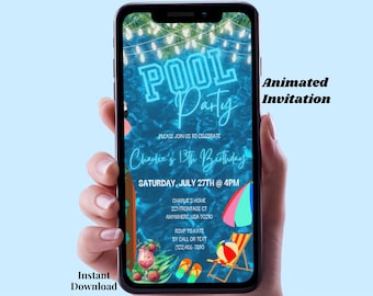 Digital Birthday Pool Invitation Animated Pool Party Birthday Invite Neon Birthday Party Neon Pool Party Invitation Summer Birthday Invite