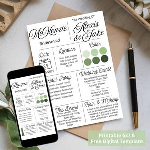 Cartão de informações editável para madrinha de casamento Proposta digital para festa de casamento Modelo de informações para impressão Linha do tempo da noiva Canva Lista de verificação Madrinha de casamento