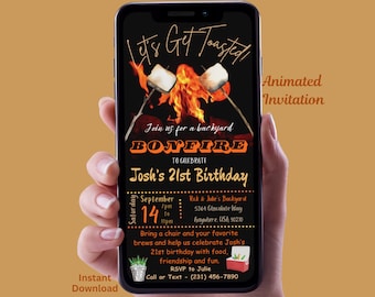 Animated Bonfire Birthday Party Invitation Digital Adult Lets Get Toasted Backyard Firepit Invite Video 21st Birthday Party Evite Editable
