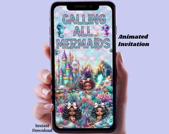 Mermaid Invitation Animated Mermaid Birthday Party Invite Digital Mermaid Birthday Invitation African American Mermaid Birthday Party Evite