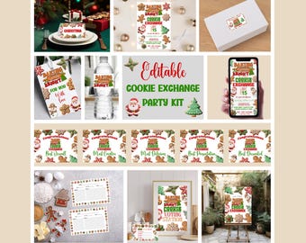 May include: Editable Christmas cookie exchange party kit with printable signs, labels, and cards. The kit features a red and green color scheme with a gingerbread cookie theme. The text on the signs reads "Baking About Cookie Exchange" and "Voting Station".