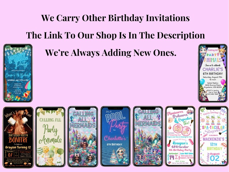 May include: A collage of nine digital birthday party invitations featuring various themes, including pool parties, mermaid parties, bonfires, spa parties, and animal parties. The invitations are designed in a colorful and playful style with illustrations and text.