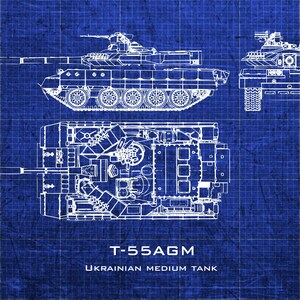 Puede incluir: Una ilustración de estilo plano de un tanque medio ucraniano T-55AGM. El tanque se muestra en tres vistas: lateral, frontal y superior. El tanque es blanco sobre un fondo azul.