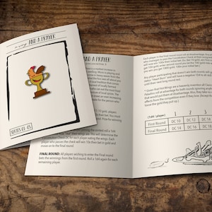 May include: A two-page spread of a board game called "And a Prayer." The game features a chicken in a trophy cup, a table with a grid of numbers, and a drawing of a chicken wing. The text on the page describes the rules of the game.