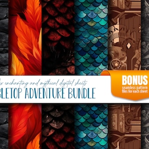 May include: Six digital seamless patterns for tabletop gaming. The patterns include a stone wall, fire, dragon scales, mermaid scales, a fantasy city, and a skull and crossbones design.  The text "Six enchanting and mythical digital sheets TABLETOP ADVENTURE BUNDLE" is at the top of the image.  The text "BONUS seamless pattern files for each sheet" is at the bottom of the image.