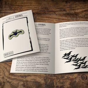 May include: A set of three enamel pins featuring a black bat with a green glow. The pins are part of a series called "Coronas" and are numbered 01-03. The text on the card reads "Coronas Encounter 3" and describes the effects of the disease.