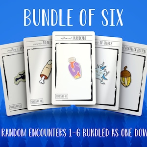 May include: A set of six illustrated cards featuring different fantasy creatures and objects. The cards are white with black borders and feature the text "Series CA-06", "Series CI-01", "Wear", "Alchemical Hurricane", "Of Sparks", and "Acorn of Action".