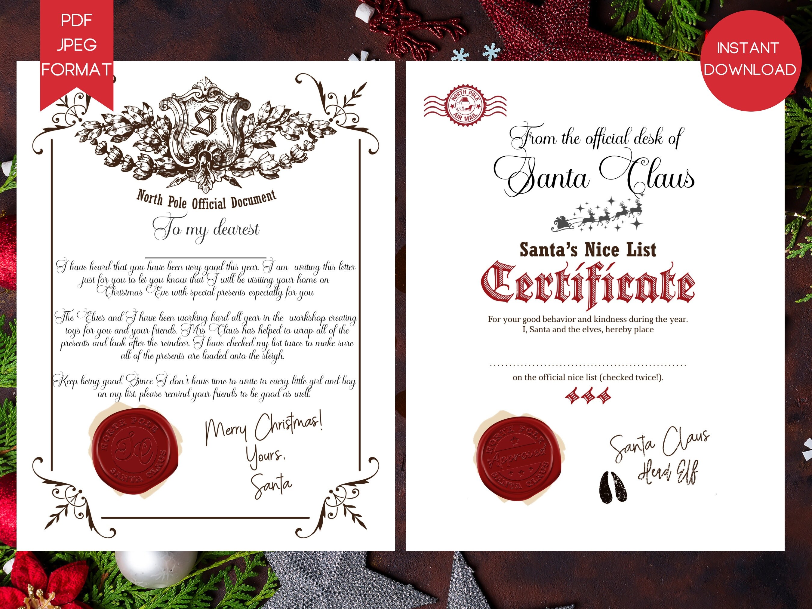 Instant Download Editable Santa Letter and Nice List Certificate, Personalised Letter From Santa ...