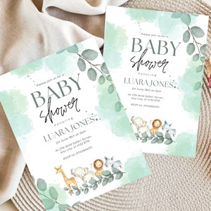 Editable  Jungle Baby Shower Invitations, Safari Jungle Baby Shower template, Greenery Safari Animals Baby Shower invitation, Printable