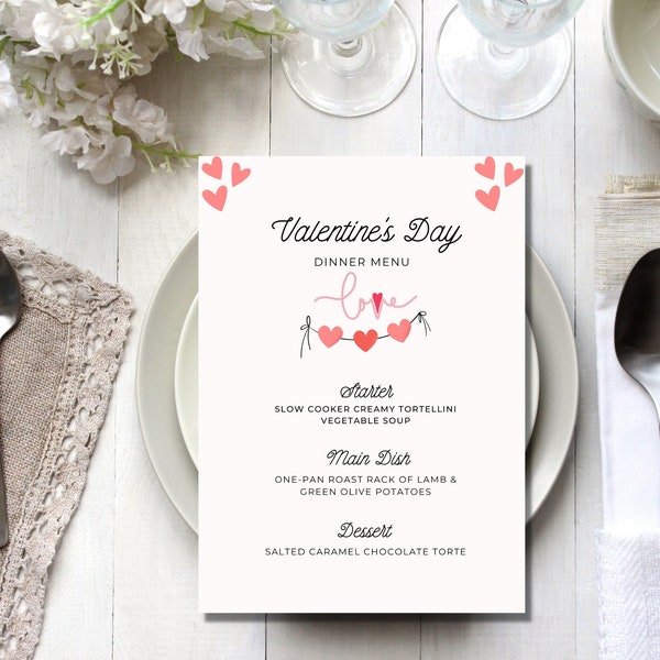 Modello modificabile per menu di San Valentino per Canva, menu cena cuori rossi, compleanno anniversario Menu sottile di San Valentino, menu del ristorante