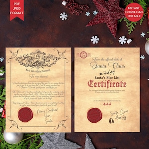 Descarga instantánea de carta de Santa editable y certificado de lista agradable, carta personalizada de Santa, plantilla imprimible Carta de Santa