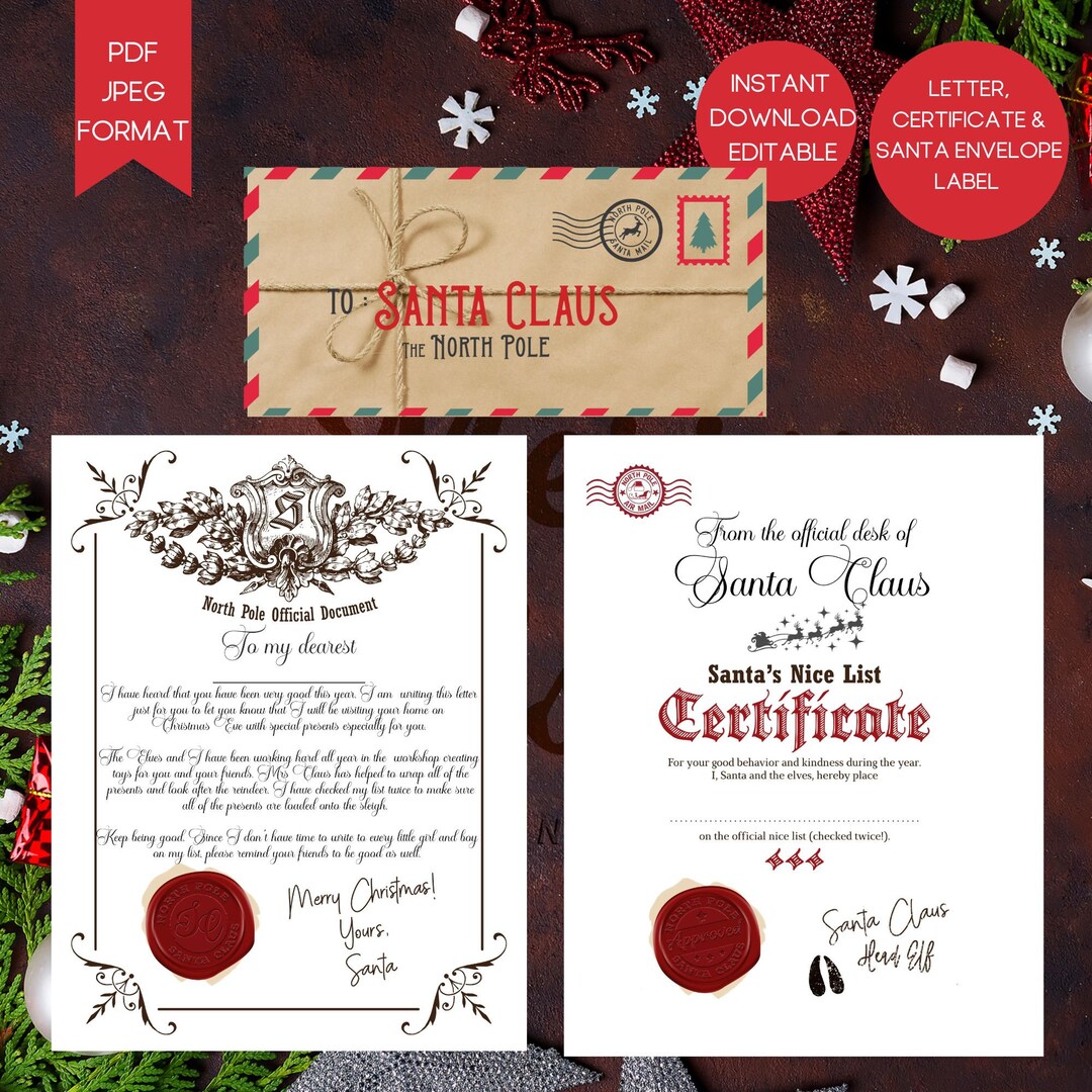 Instant Download Editable Santa Letter and Nice List Certificate ...