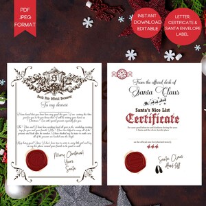 Descarga instantánea de carta de Santa editable y certificado de lista agradable, carta personalizada de Santa, plantilla imprimible Carta de Santa