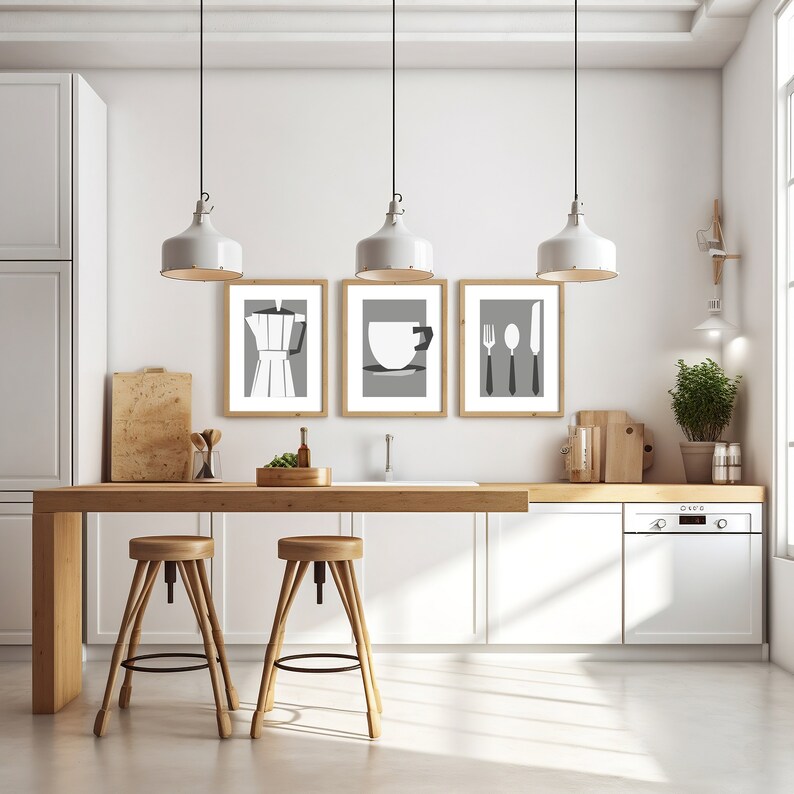 Set of 3 Prints Black and White Kitchen Decor Wall Art Dining Room Wall Art Modern Housewarming ...
