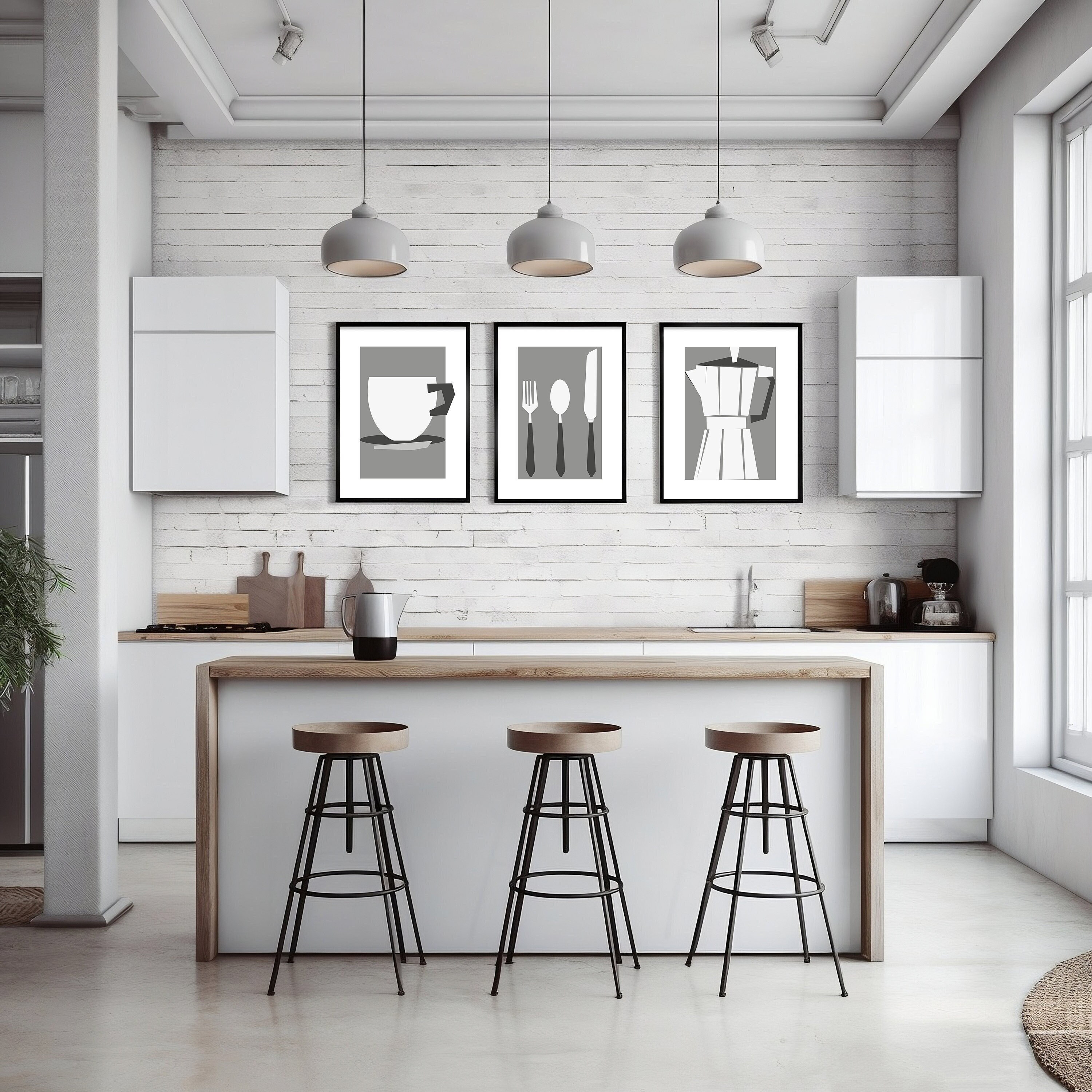 Set of 3 Prints Black and White Kitchen Decor Wall Art Dining Room Wall