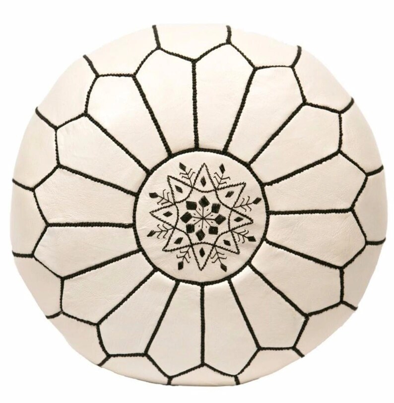 White Moroccan POUF 30 OFF With Black Stitching Leather Etsy