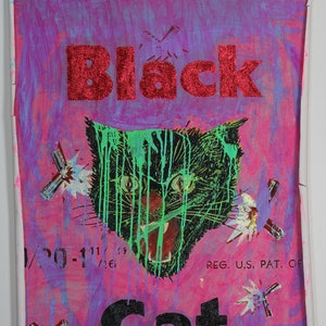 Schwarze Katze Lila Pink Original Acryl Mixed Media Malerei Vintage Feuerwerk Feuerwerk Lila Poster Michael Houghton Punk Rock Couture