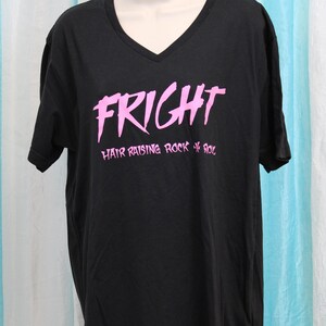FRIGHT Rock and Roll Band Cotton V-Neck T-Shirt Black with Pink Lettering: Michael Houghton Punk Rock Couture