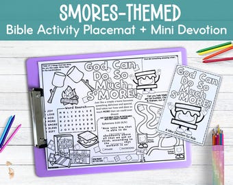 Smores Themed Bible Activity Set Kids' Sunday School, Summer Bible Lesson + Printable Activity Placemat + Devotion Booklet (SOAP Method)