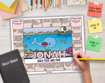 JONAH Bible Seek and Find, Books of the Bible Scavenger Hunt Scripture Game as Kids Activity for Sunday School or Christian Homeschooling