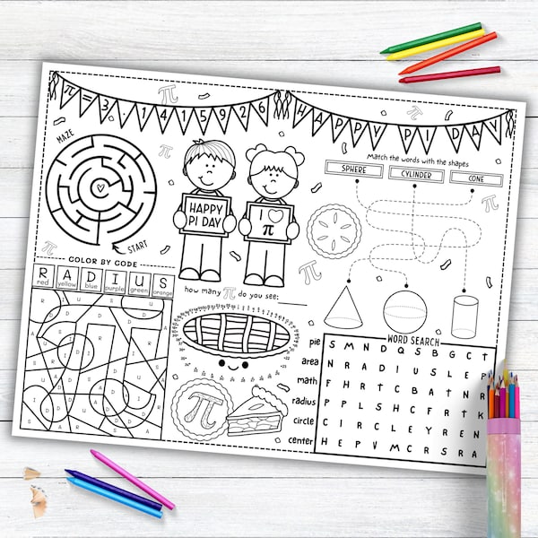 Pi Day Activity Placemat, Pie Day, March 14 Coloring Placemat for Classroom, Homeschool Activities