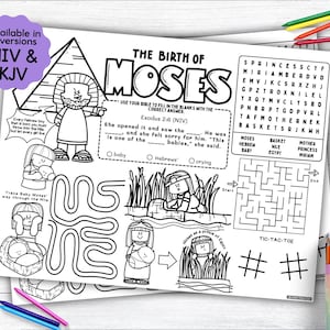 Puede incluir: Hojas de actividades en blanco y negro con el título "The Birth of Moses" y diversas actividades, incluyendo una sopa de letras, un laberinto y ejercicios para completar. Las hojas están diseñadas para niños.
