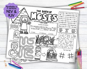 Birth of Moses Activity Placemat, Bible Story Coloring Placemat as Kids Activity for Sunday School or Homeschool