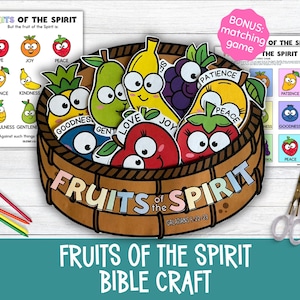 May include: A colorful craft kit featuring a basket filled with cartoon fruits, each labeled with a fruit of the spirit. Includes a matching game and the text "Fruits of the Spirit Bible Craft".