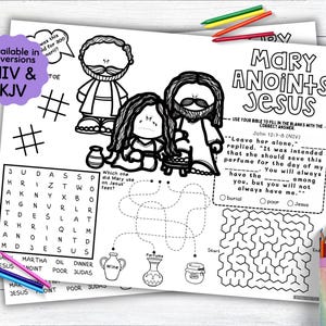 Mary Anoint Jesus Activity Placemat, Bible Story Coloring Placemat as Christian Kids Activity for Sunday School or Homeschooling