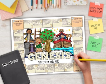 Genesis Bible Seek and Find, Books of the Bible Scavenger Hunt Scripture Game as Kids Activity for Sunday School or Christian Homeschooling