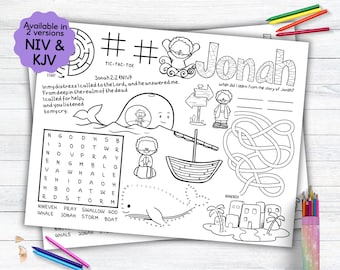 Napperon d&#39;activité Jonas et la baleine, napperon à colorier histoire biblique comme activité pour enfants pour l&#39;école du dimanche ou l&#39;enseignement à domicile