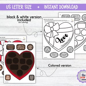 May include: A printable Valentine's Day activity set featuring a heart-shaped box of chocolates. The set includes a colored version and a black and white version for coloring. Text includes "Love" and "1 Corinthians 13:4-7". The words "US LETTER SIZE" and "INSTANT DOWNLOAD" are also visible.