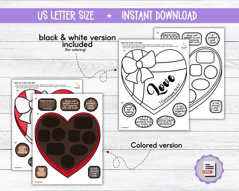 May include: A printable Valentine's Day activity set featuring a heart-shaped box of chocolates. The set includes a colored version and a black and white version for coloring. Text includes "Love" and "1 Corinthians 13:4-7". The words "US LETTER SIZE" and "INSTANT DOWNLOAD" are also visible.